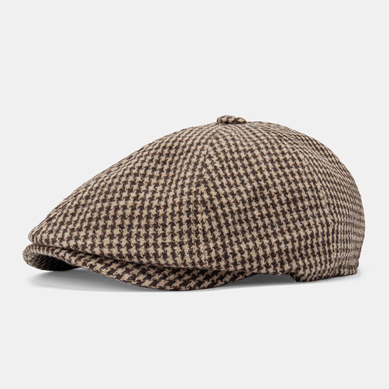 Herren Cotton Dacron Houndstooth Pattern Short Brim Barett Schiebermütze Britischer Achteckiger Retro-hut