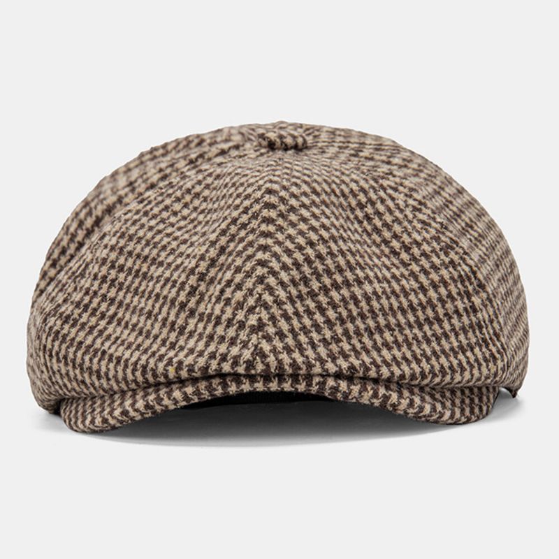 Herren Cotton Dacron Houndstooth Pattern Short Brim Barett Schiebermütze Britischer Achteckiger Retro-hut