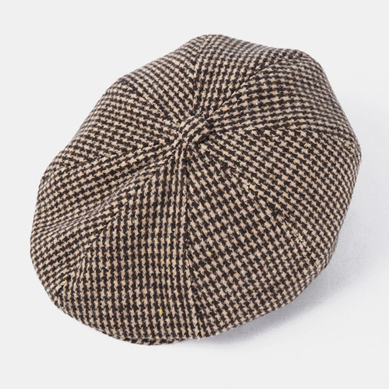 Herren Cotton Dacron Houndstooth Pattern Short Brim Barett Schiebermütze Britischer Achteckiger Retro-hut