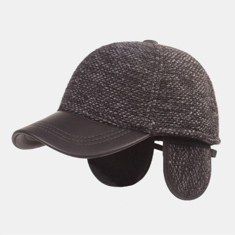 Herren Cotton Dome Mixed Color Knitted Patchwork Pu Brim Built-in Ear Protection Warmth Baseball Cap