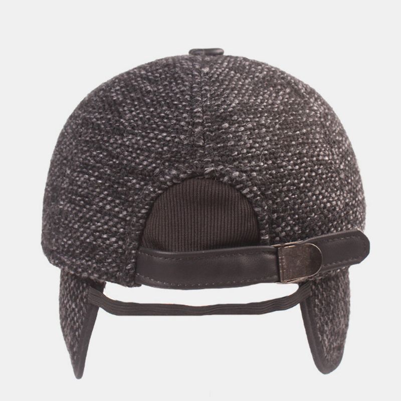 Herren Cotton Dome Mixed Color Knitted Patchwork Pu Brim Built-in Ear Protection Warmth Baseball Cap