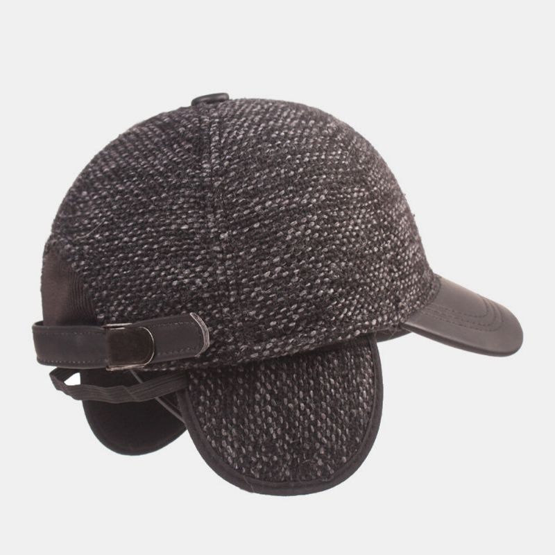 Herren Cotton Dome Mixed Color Knitted Patchwork Pu Brim Built-in Ear Protection Warmth Baseball Cap