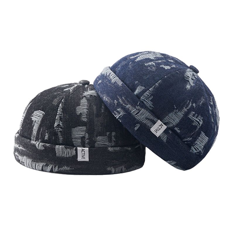 Herren Denim Distressed Ripped Trendy All-match Verstellbare Randlose Beanie Landlord Caps Skull Caps