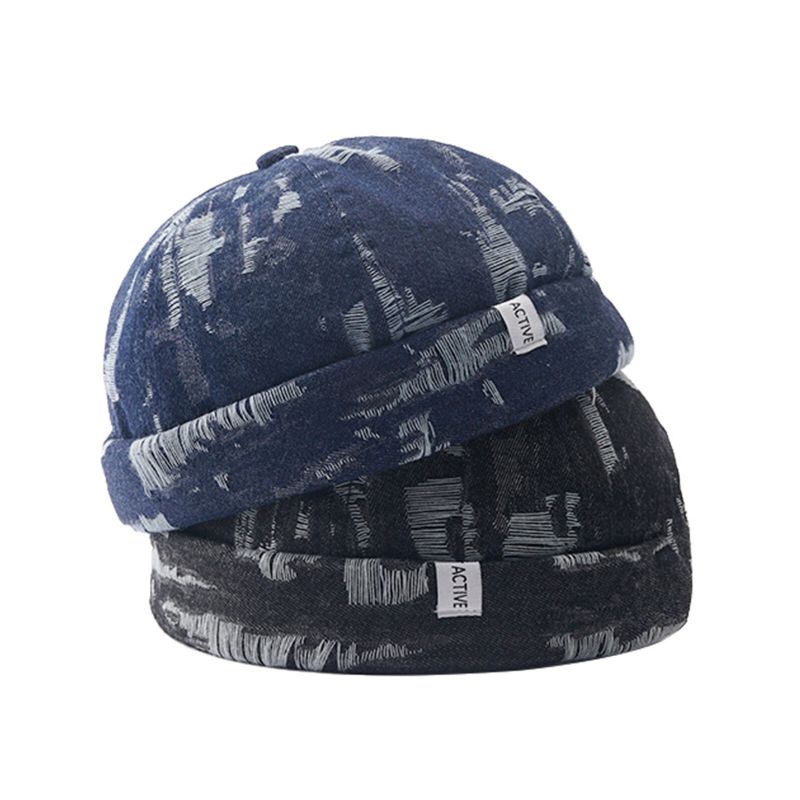 Herren Denim Distressed Ripped Trendy All-match Verstellbare Randlose Beanie Landlord Caps Skull Caps