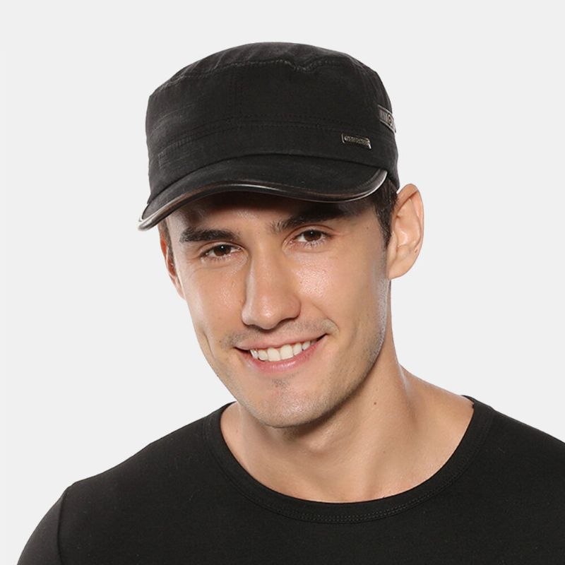 Herren Distressed Washed Big Brim Cadet Hat Baumwolle Outdoor Lässig Retro Sonnenschutz Military Cap Flache Kappe