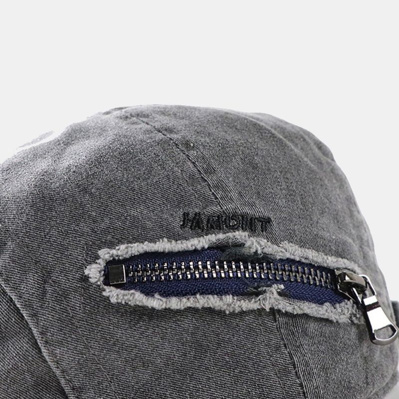 Herren Distressed Washed Zipper Decorate Barett Schiebermütze Einfarbig Verstellbare Worn Hole Forward Cap