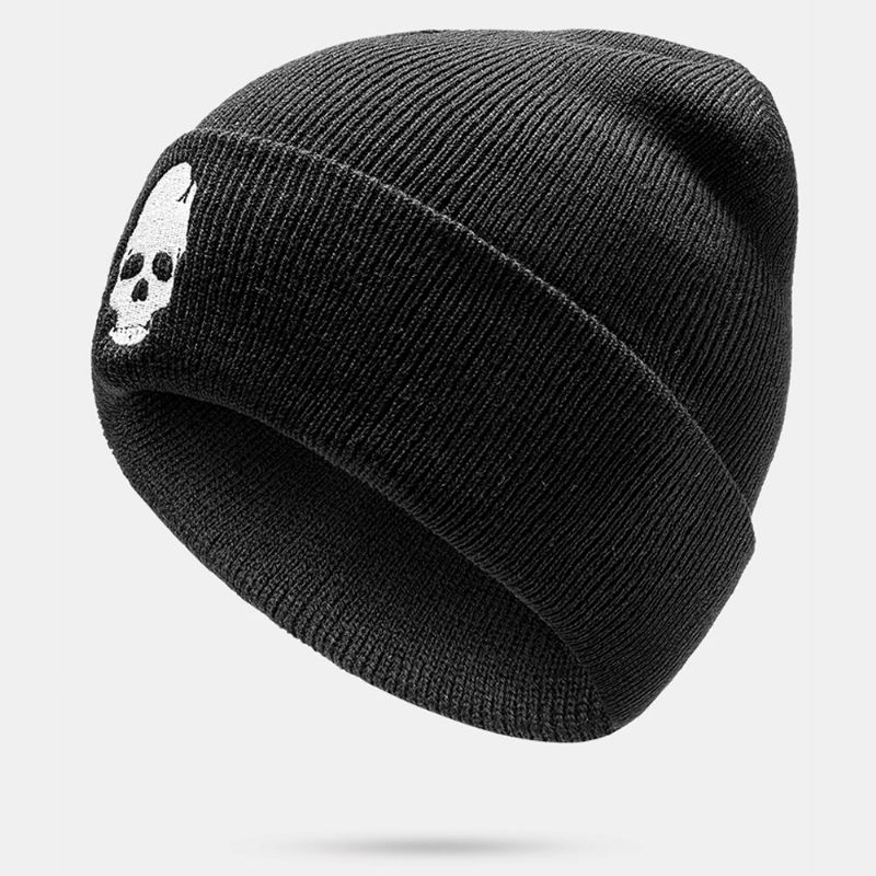 Herren Einfarbig Totenkopf Stickerei Muster Strickmütze Modischer Gehörschutz Warme Mütze Ohne Krempe Landlord Cap Skull Cap