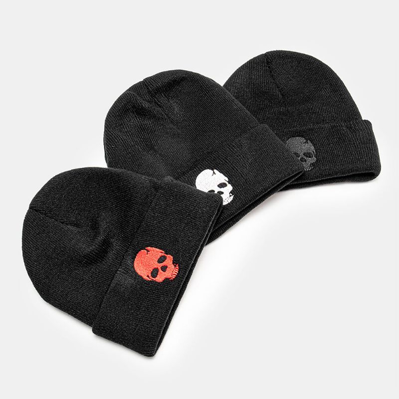 Herren Einfarbig Totenkopf Stickerei Muster Strickmütze Modischer Gehörschutz Warme Mütze Ohne Krempe Landlord Cap Skull Cap