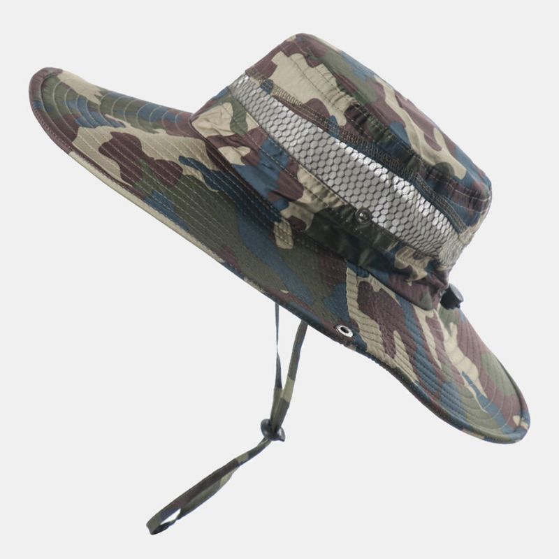 Herren Fischerhut Polyester Mesh Patchwork Camouflage Breite Krempe Schnell Trocknend Atmungsaktiver Sonnenschutz Outdoor Angeln Klettern Fischerhut