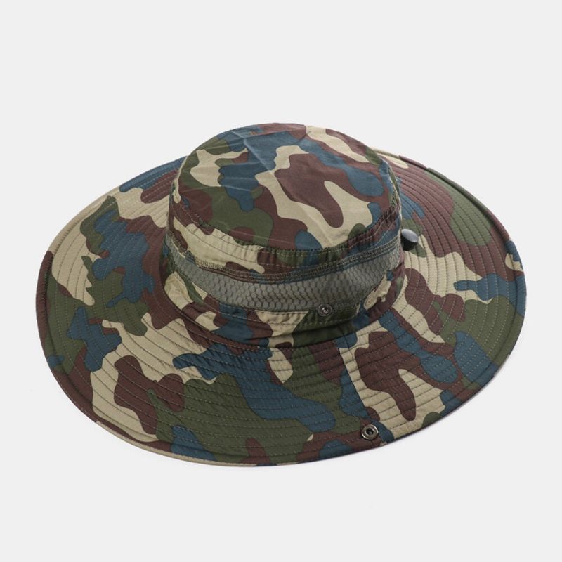 Herren Fischerhut Polyester Mesh Patchwork Camouflage Breite Krempe Schnell Trocknend Atmungsaktiver Sonnenschutz Outdoor Angeln Klettern Fischerhut