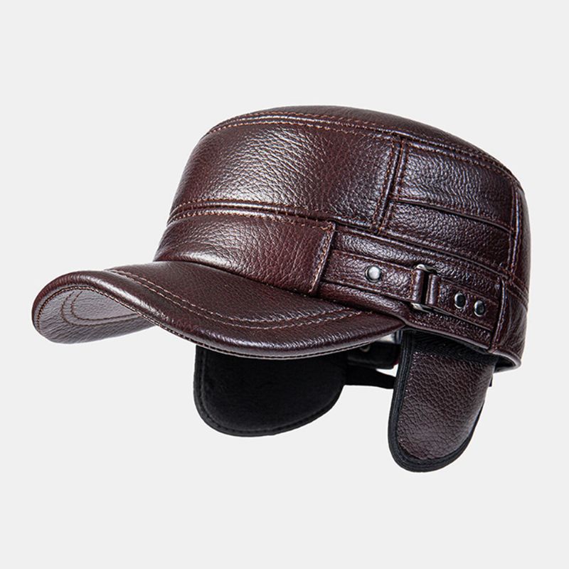 Herren Flat Top Cap Rindsleder Eingebaute Ohrenschützer Winddicht Warm Military Cap Earflap Hat