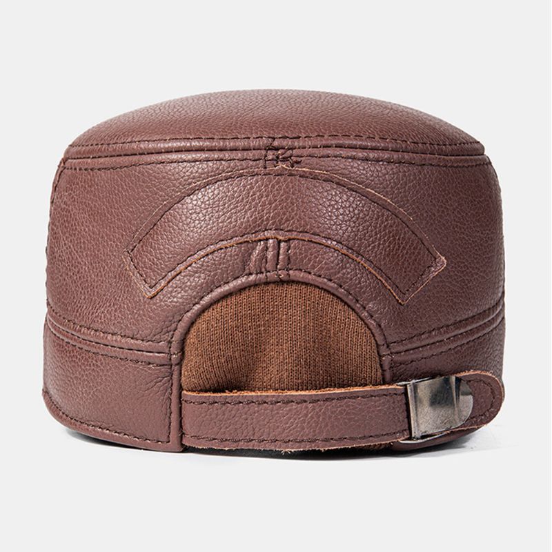 Herren Flat Top Cap Rindsleder Eingebaute Ohrenschützer Winddicht Warm Military Cap Earflap Hat