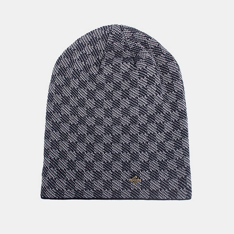 Herren Knitted Plus Velvet Lattice Jacquard Letter Iron Label Brimless Beanie Hat