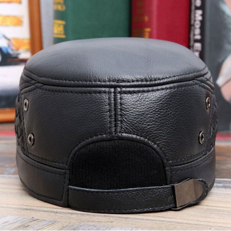 Herren Mütze Mit Ohrenklappen Herbst Winter Gehörschutz Winddicht Warm Rindsleder Flat Top Cap Military Cap