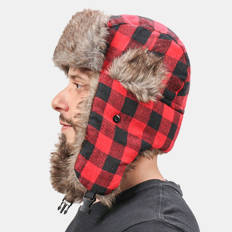 Herren Plüsch Plaid Sowjetisches Abzeichen Winddicht Wasserdicht Uschanka Hut Outdoor Sport Verdicken Gehörschutz Warm Trapper Hut