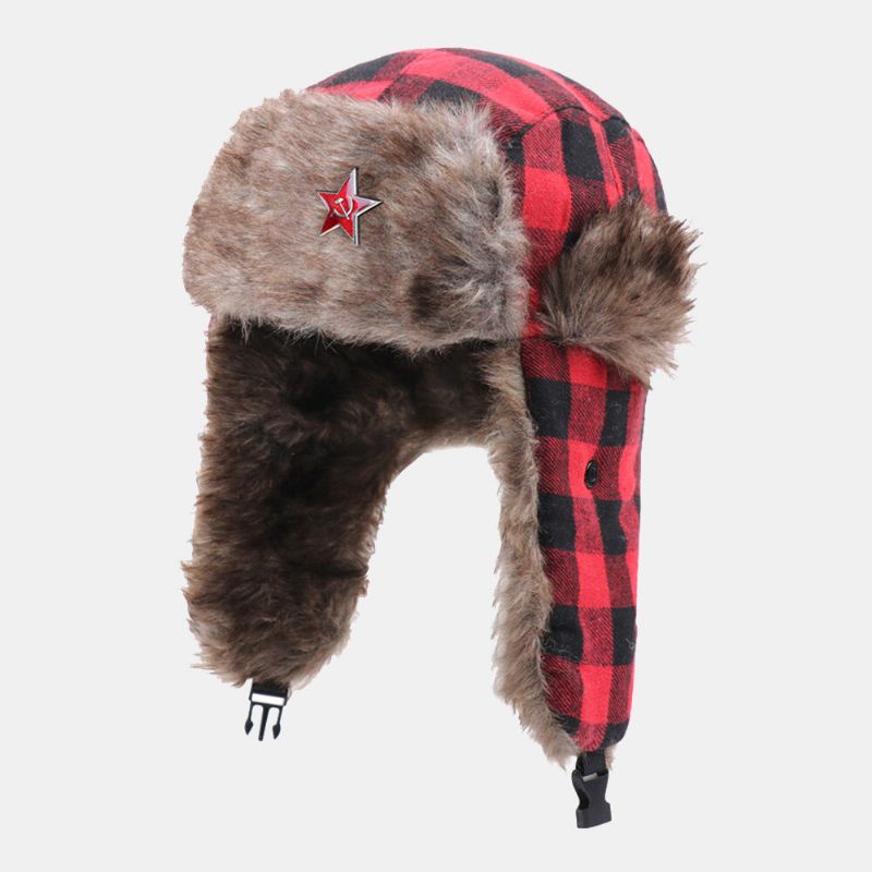 Herren Plüsch Plaid Sowjetisches Abzeichen Winddicht Wasserdicht Uschanka Hut Outdoor Sport Verdicken Gehörschutz Warm Trapper Hut