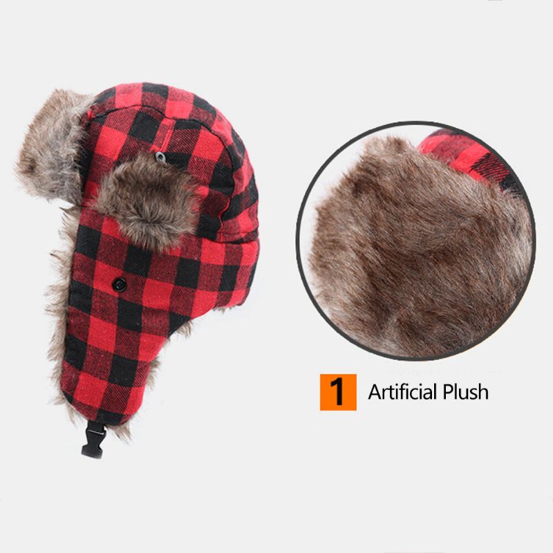 Herren Plüsch Plaid Sowjetisches Abzeichen Winddicht Wasserdicht Uschanka Hut Outdoor Sport Verdicken Gehörschutz Warm Trapper Hut