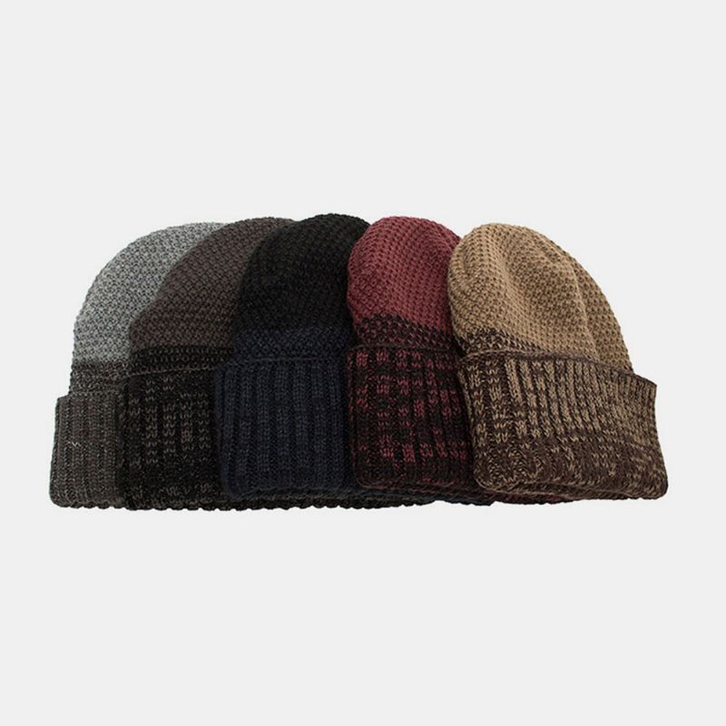 Herren Polyester Baumwolle Herbst Winter Plus Samt Wärme Zweifarbige Strickmütze Mit Doppeltem Verwendungszweck