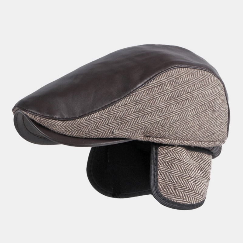 Herren Pu-leder Naht Ohrenklappen Gehörschutz Baskenmütze Retro Outdoor Cool Protection Warm Forward Hat