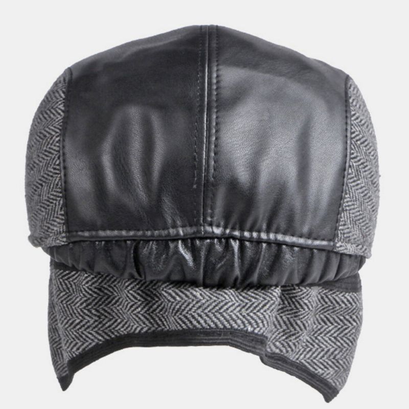 Herren Pu-leder Naht Ohrenklappen Gehörschutz Baskenmütze Retro Outdoor Cool Protection Warm Forward Hat