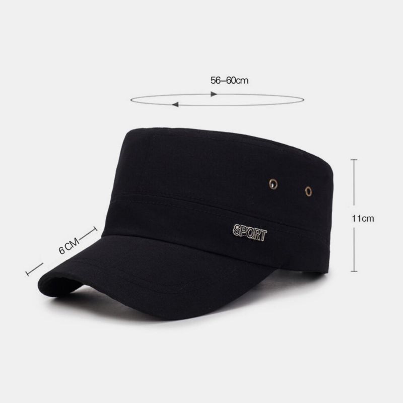 Herren Solide Metall Letter Label Flat Top Cap Kurze Krempe Outdoor Sonnenschutz Military Cap Kadettenhut