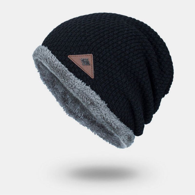 Herren-strickmütze Plus Samtverdicktes Metall-schneeflocken-leder Label Warmth Brimless Beanie Hat