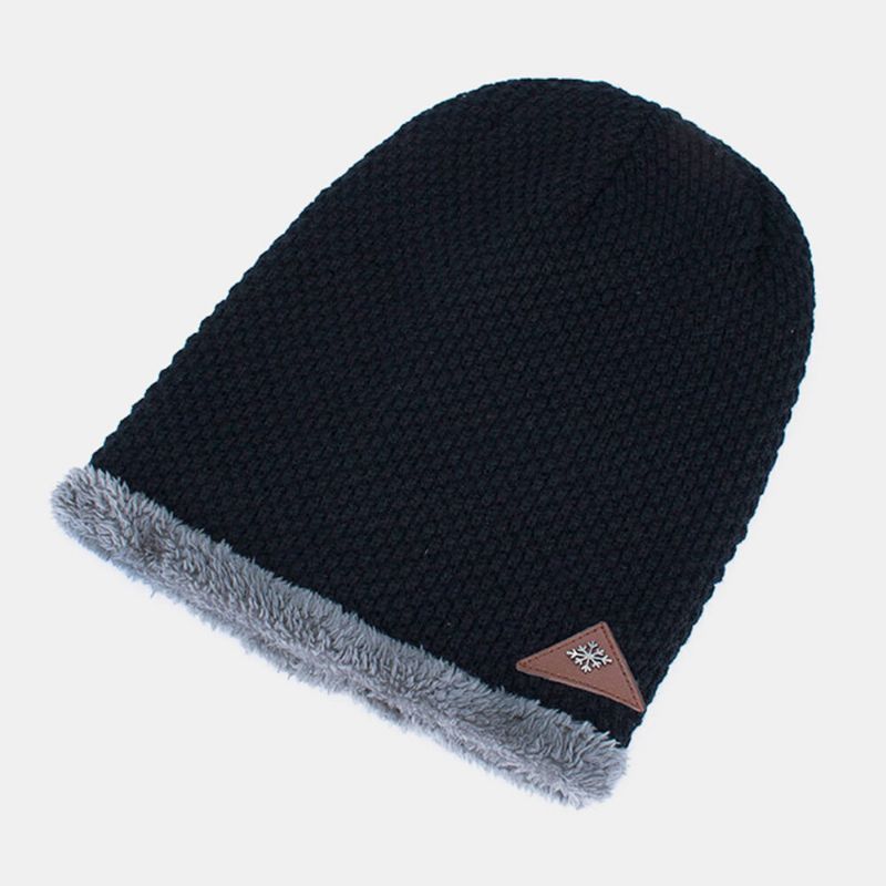 Herren-strickmütze Plus Samtverdicktes Metall-schneeflocken-leder Label Warmth Brimless Beanie Hat