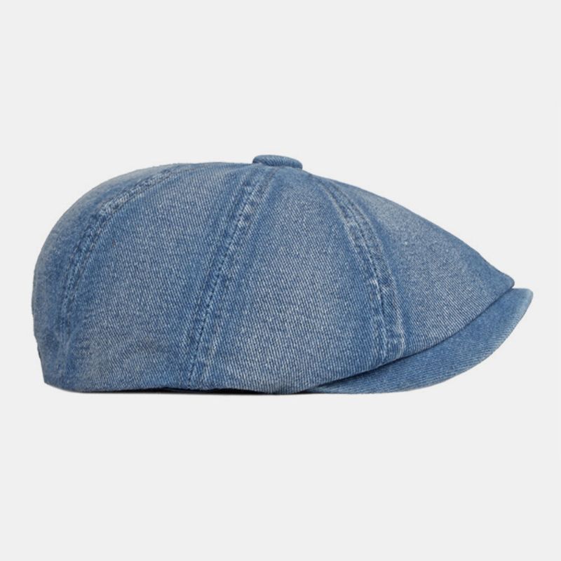 Herren Washed Denim Rückseite Elastisches Band Design Verstellbarer Achteckiger Hut Britischer Retro-ballonhuthut Mit Kurzer Krempe Flacher Hut Malerhut