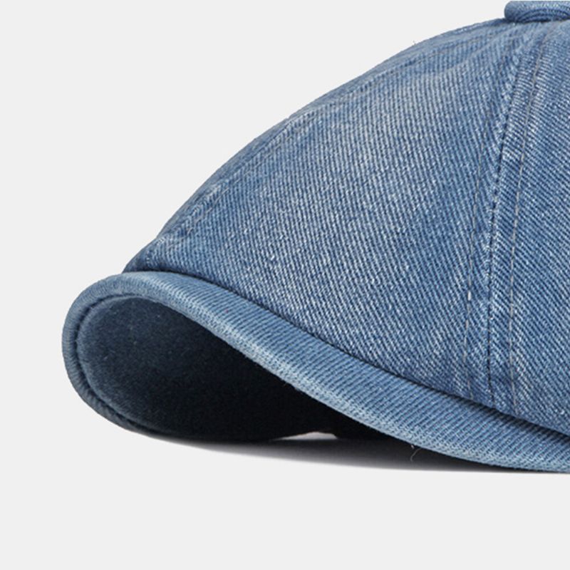 Herren Washed Denim Rückseite Elastisches Band Design Verstellbarer Achteckiger Hut Britischer Retro-ballonhuthut Mit Kurzer Krempe Flacher Hut Malerhut