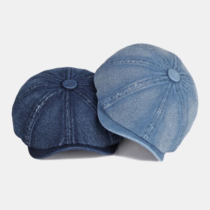 Herren Washed Denim Rückseite Elastisches Band Design Verstellbarer Achteckiger Hut Britischer Retro-ballonhuthut Mit Kurzer Krempe Flacher Hut Malerhut