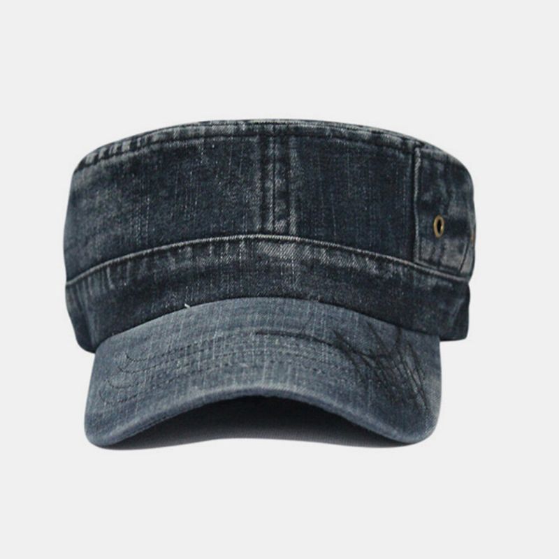 Herren Washed Denim Tie Dye Stickgarn Muster Flacher Hut Outdoor Sport Verstellbare Schirmmütze Army Hat