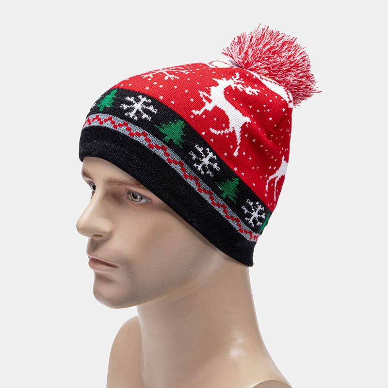 Kind Erwachsene Wolle Jacquard Warme Festliche Weihnachtsmütze Mit Elch-schneemänner-muster Strickmütze Beanie Mit Flaumknäuel