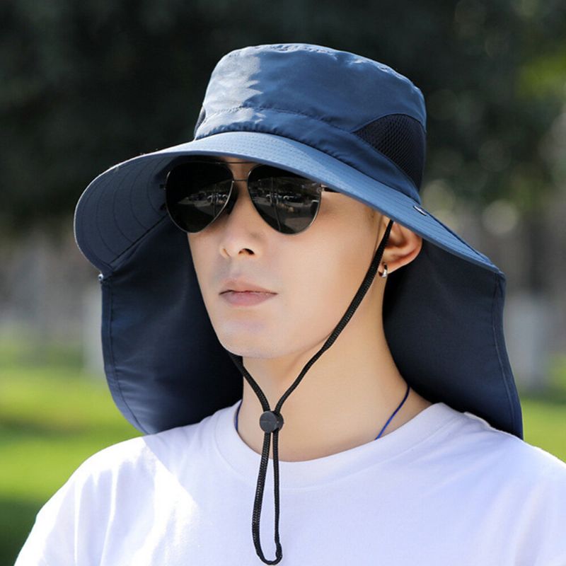 Männer Mesh Atmungsaktiver Maskenvorhang Langer Umhang 360-grad-sonnenschutzhut Mit Lüfter Outdoor Casual Bucket Hat