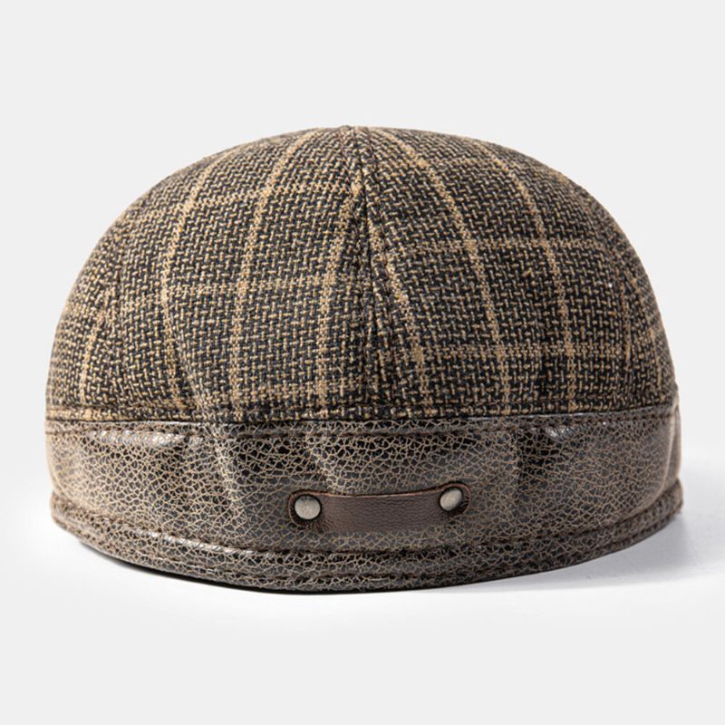 Männer Mütze Mit Ohrenklappen Baumwolle Pu-patchwork Verdickter Eingebauter Gehörschutz Wärme Britische Lattice Berets Schiebermütze