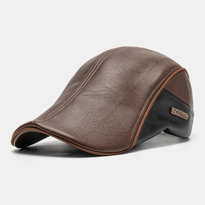 Männer Pu-leder Doppelschicht Verstellbare Baskenmütze Brief Label Wild Suncreen Newsboy Hat Driving Hunting Hat