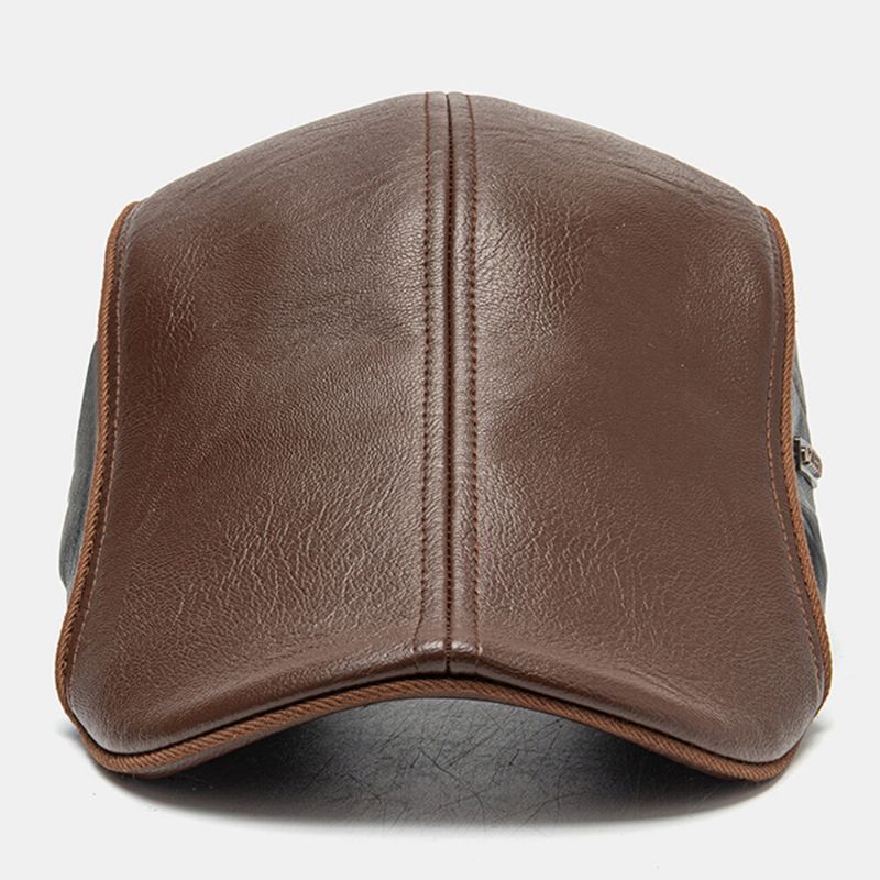 Männer Pu-leder Doppelschicht Verstellbare Baskenmütze Brief Label Wild Suncreen Newsboy Hat Driving Hunting Hat