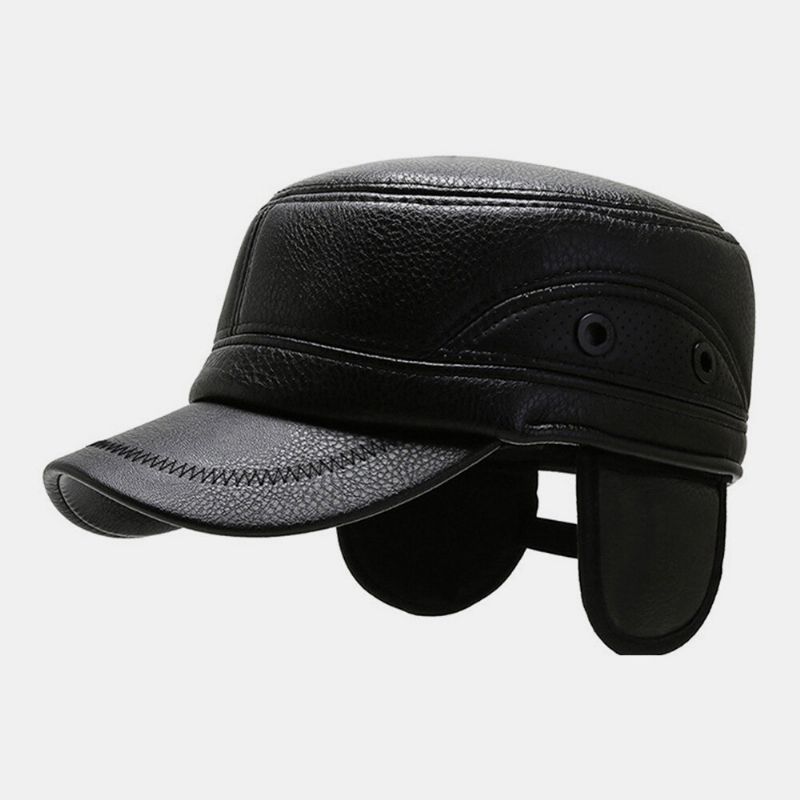 Männer Pu-leder Einfarbig Warmer Flachhut Mittlerer Und Älterer Outdoor-gehörschutz Cool Protection Cadet Army Caps Military Caps