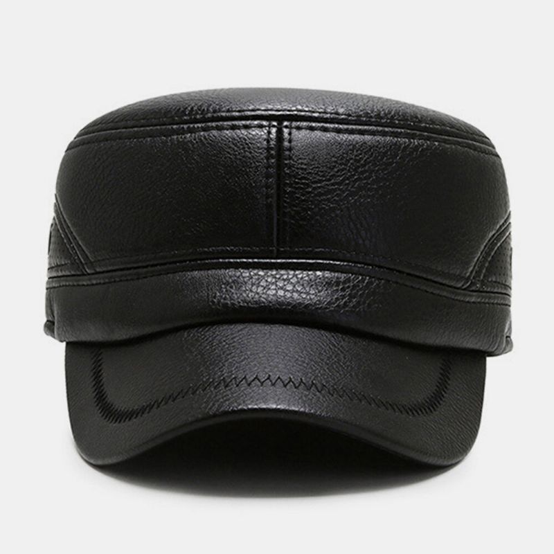 Männer Pu-leder Einfarbig Warmer Flachhut Mittlerer Und Älterer Outdoor-gehörschutz Cool Protection Cadet Army Caps Military Caps