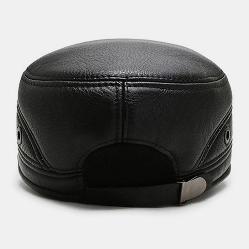 Männer Pu-leder Einfarbig Warmer Flachhut Mittlerer Und Älterer Outdoor-gehörschutz Cool Protection Cadet Army Caps Military Caps