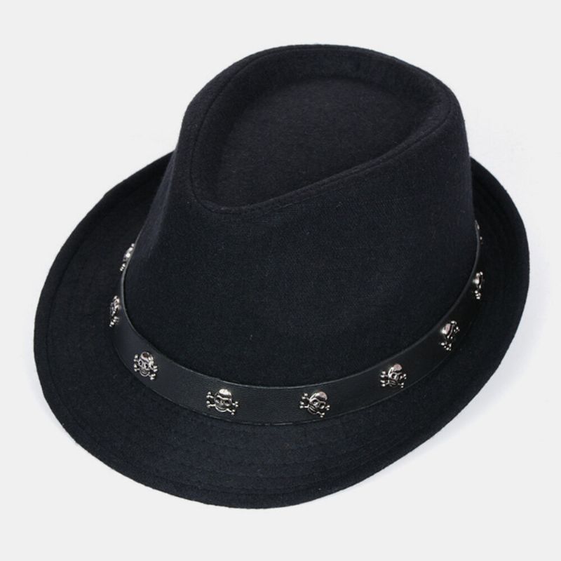 Männer Woolen Solid Color Totenkopf Schmücken Verstellbarer Ledergürtel Sonnenschirm Hut Fashion Roll Brim Top Hat