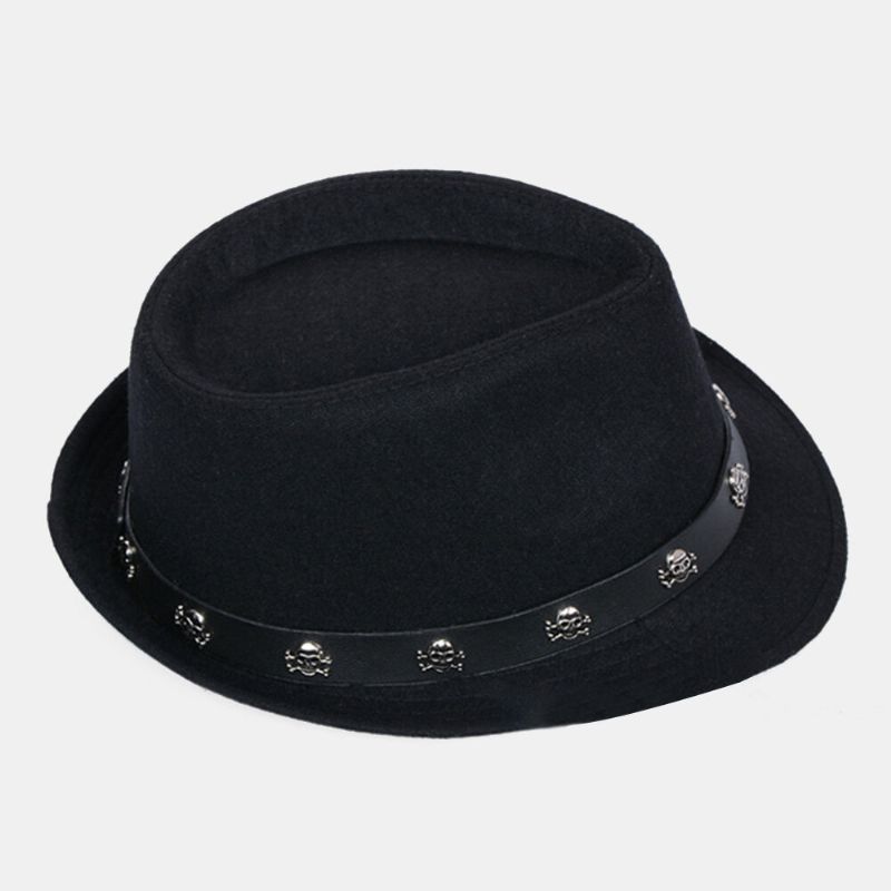 Männer Woolen Solid Color Totenkopf Schmücken Verstellbarer Ledergürtel Sonnenschirm Hut Fashion Roll Brim Top Hat