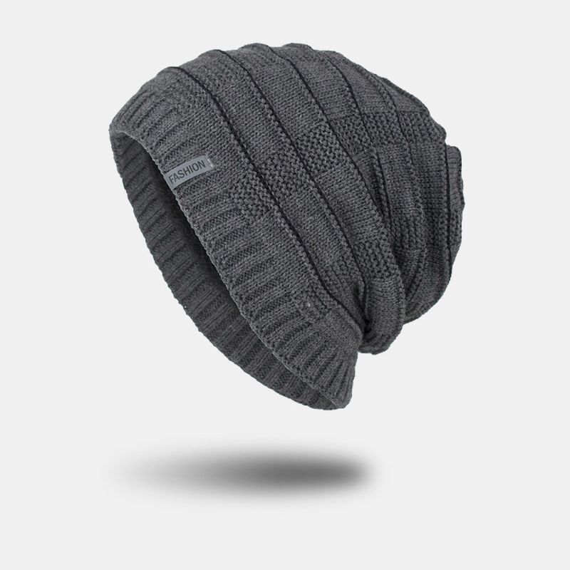 Unisex-acryl-geometrie-karomuster Elastische Strickmütze Für Den Außenbereich Plus Warme Verstellbare Beanie-mütze Aus Samt