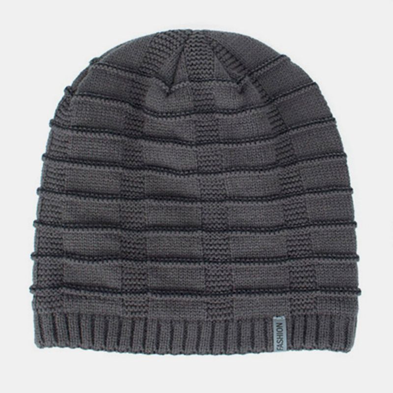 Unisex-acryl-geometrie-karomuster Elastische Strickmütze Für Den Außenbereich Plus Warme Verstellbare Beanie-mütze Aus Samt