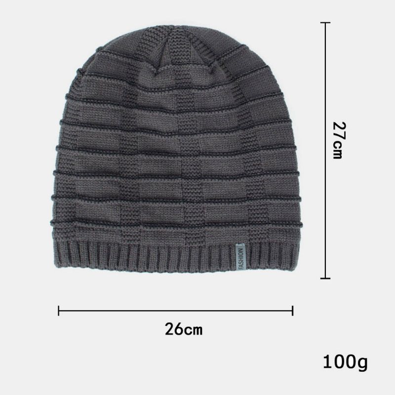 Unisex-acryl-geometrie-karomuster Elastische Strickmütze Für Den Außenbereich Plus Warme Verstellbare Beanie-mütze Aus Samt