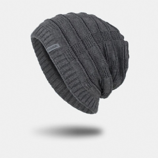 Unisex-acryl-geometrie-karomuster Elastische Strickmütze Für Den Außenbereich Plus Warme Verstellbare Beanie-mütze Aus Samt