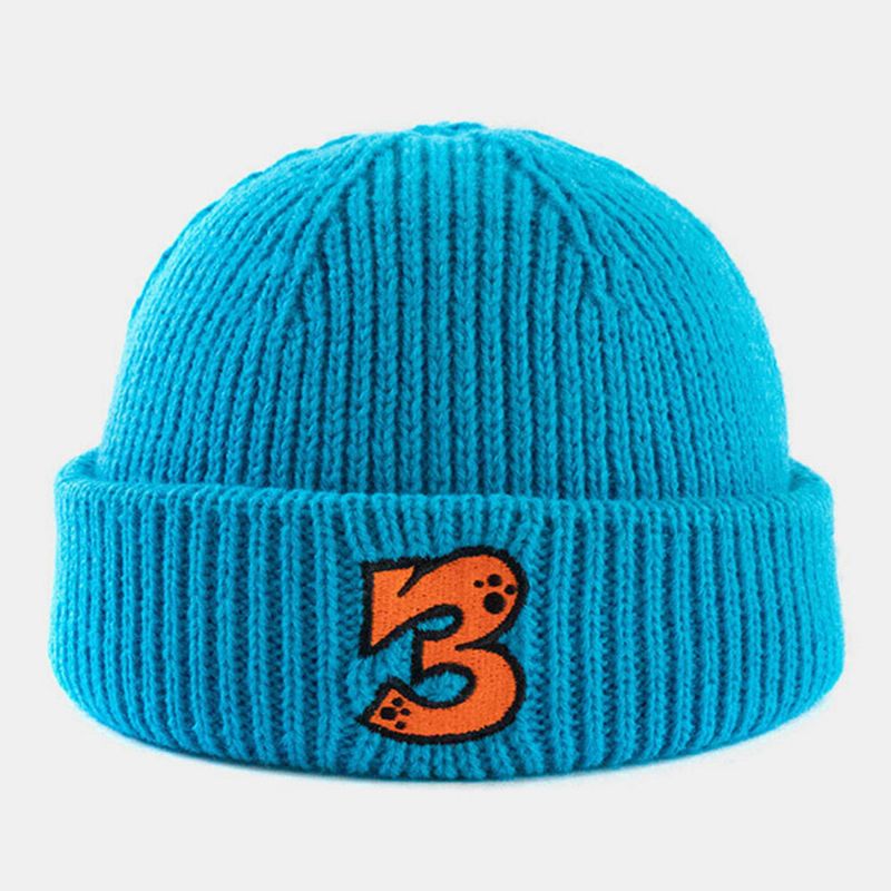 Unisex Acryl Gestrickt Einfarbig Cartoon Zahl Stickerei Wärme Randlose Beanie Landlord Cap Skull Cap