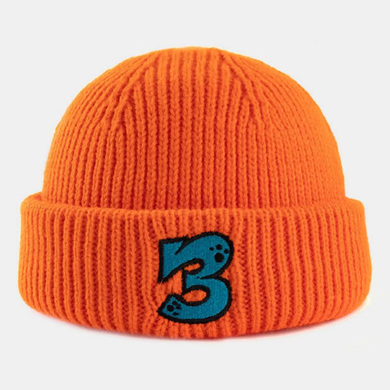 Unisex Acryl Gestrickt Einfarbig Cartoon Zahl Stickerei Wärme Randlose Beanie Landlord Cap Skull Cap