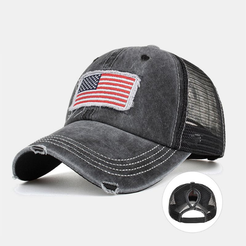 Unisex Baseball Cap Mit Verwaschener American Flag Patch Pferdeschwanz Mesh Atmungsaktive Casquette Sommer Hysteresenmütze