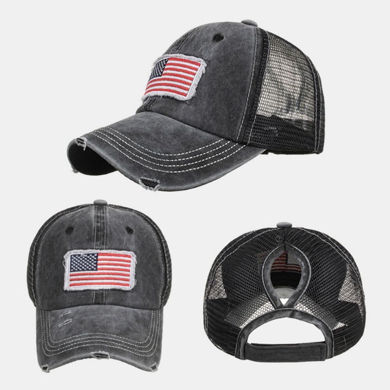 Unisex Baseball Cap Mit Verwaschener American Flag Patch Pferdeschwanz Mesh Atmungsaktive Casquette Sommer Hysteresenmütze