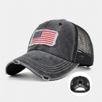 Unisex Baseball Cap Mit Verwaschener American Flag Patch Pferdeschwanz Mesh Atmungsaktive Casquette Sommer Hysteresenmütze